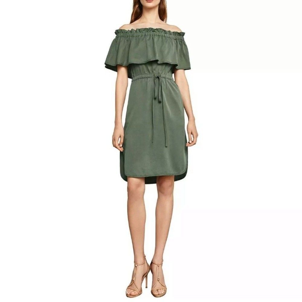 BCBG Max Azria Evangelie Dress Womens Large Olive Off Shoulder Ruffle